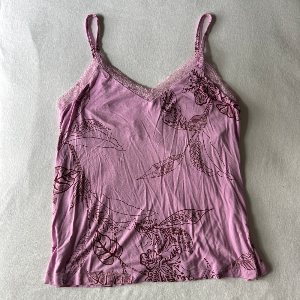 Soma Cool Nights Floral Lace Trim Shelf Bra Cami Top Size M Pink Soft Pajama Y2K